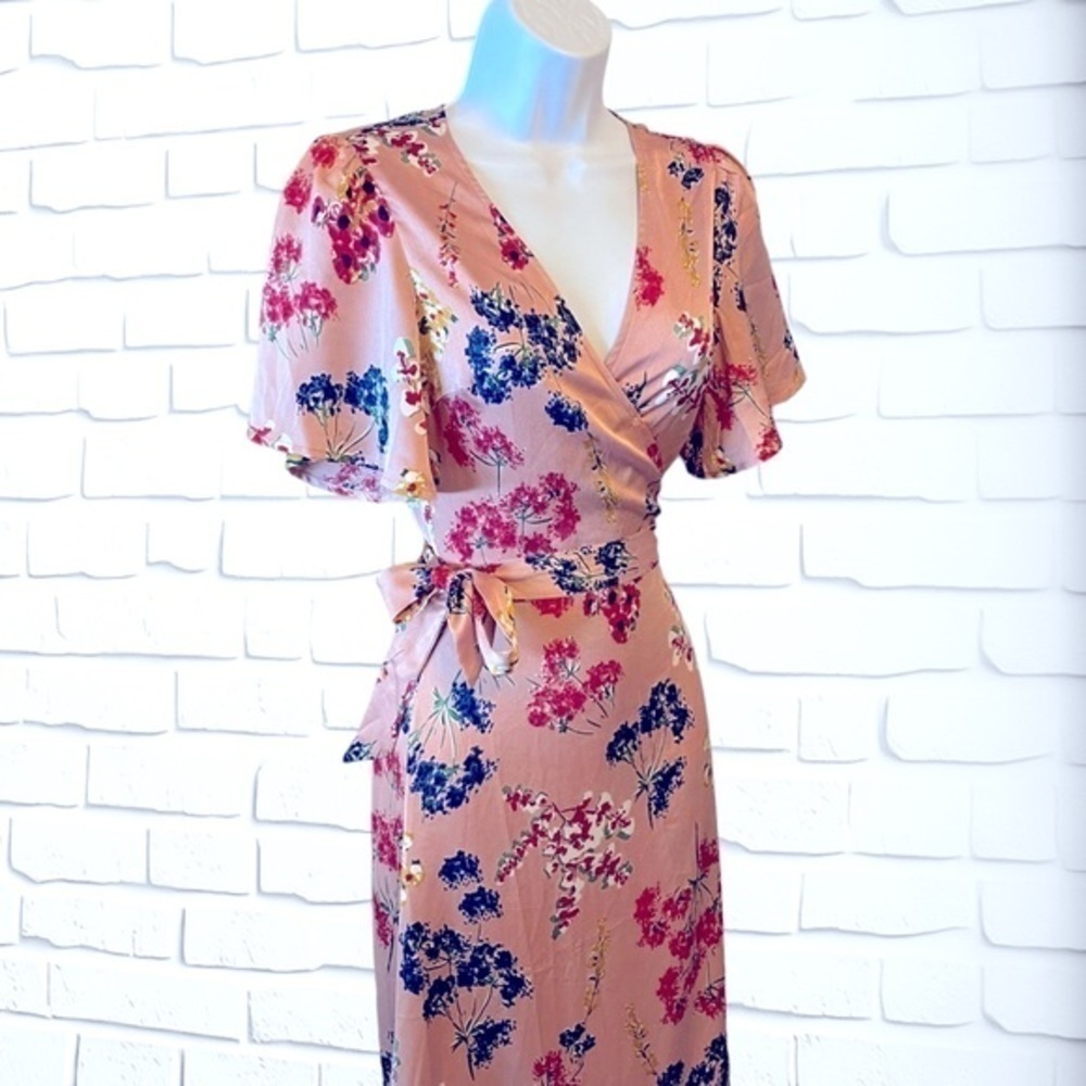 Lulus Mystic Mondays Pink Floral Print Wrap Maxi Dress, Short Sleeves size XS/S - Picture 9 of 15